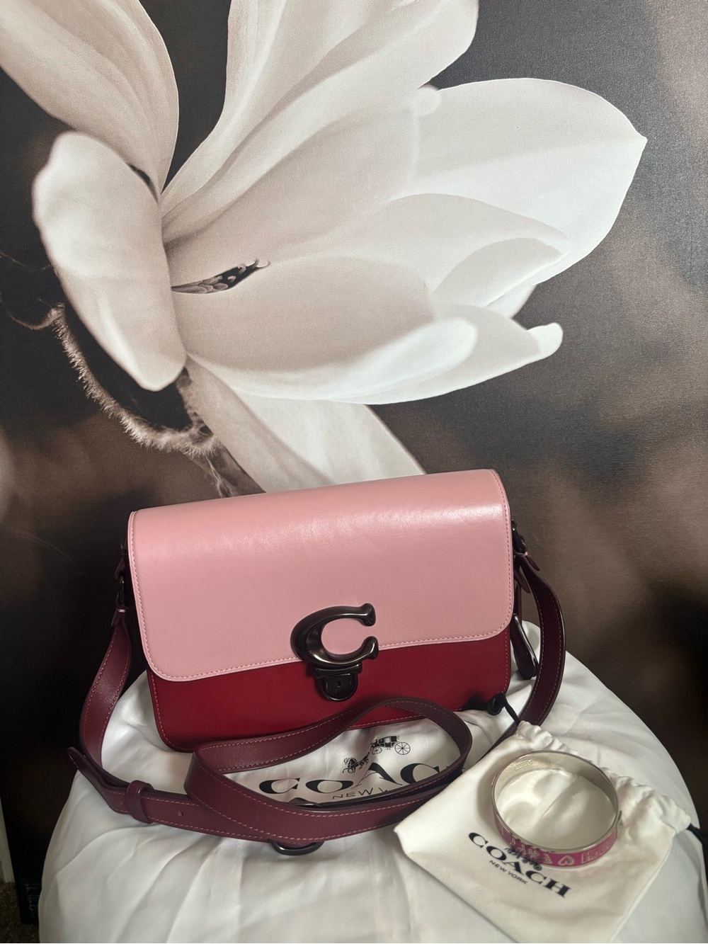 Coach Pink and Burgundy Leather Crossbody Shoulder Bag with Bracelet gift